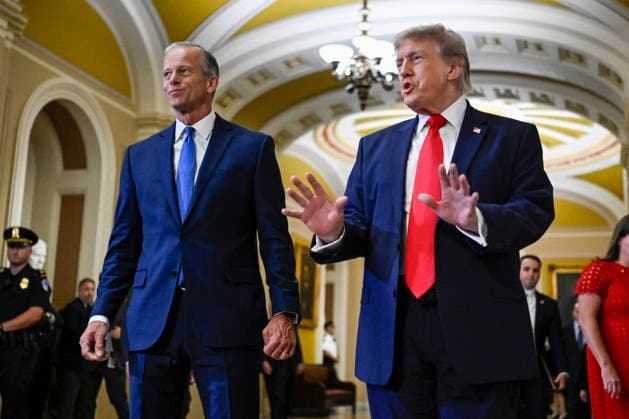 President Donald Trump speaks to the press before attending a closed-door lunch with Senate Majority Leader John Thune, R-SD, and the Republican Senate Steering Committee at the U.S. Capitol in Washington, DC on Wednesday, June 24, 2026. Earlier today, President Trump cancelled the singing of the 21st Century ROAD to Housing Act until his SAVE America Act, which would impose strict voter ID and proof-of-citizenship requirements in federal elections, is passed.  WAP20260624705 DANIELxHEUER