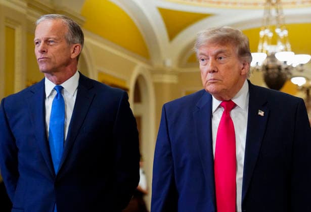June 24, 2026, Washington, District Of Columbia, USA: United States President DONALD J TRUMP walks with United States Senate Majority Leader JOHN THUNE (Republican of South Dakota) to the US Senate Republican luncheon in the US Capitol. President Trump canceled plans to sign a housing affordability bill. Washington USA - ZUMAs152 20260624_faa_s152_002 Copyright: xAndrewxThomasx