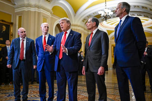 (L-R) Sen. Mike Lee, R-UT, Sen. Rick Scott, R-FL, Sen. John Barrasso, R-WY, and Senate Majority Leader John Thune, R-SD, look on as President Donald Trump speaks to the press after attending a closed-door lunch with the Republican Senate Steering Committee at the U.S. Capitol in Washington, DC on Wednesday, June 24, 2026. Earlier today, President Trump cancelled the singing of the 21st Century ROAD to Housing Act until his SAVE America Act, which would impose strict voter ID and proof-of-citizenship requirements in federal elections, is passed.  WAP20260624706 DANIELxHEUER