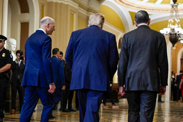 (L-R) Sen. Rick Scott, R-FL, and Sen. John Barrasso, R-WY, walk with President Donald Trump after attending a closed-door lunch with the Republican Senate Steering Committee at the U.S. Capitol in Washington, DC on Wednesday, June 24, 2026. Earlier today, President Trump cancelled the singing of the 21st Century ROAD to Housing Act until his SAVE America Act, which would impose strict voter ID and proof-of-citizenship requirements in federal elections, is passed.  WAP20260624708 DANIELxHEUER