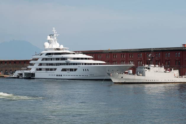 Superyacht Boardwalk moored in the port of Naples NAPLES, ITALY - JUNE 24: Superyacht Boardwalk of U.S. Ambassador to Italy Tilman Fertitta is moored in the port of Naples, Italy, on June 24, 2026. Tilman Fertitta reportedly expressed his intention to anchor near St. Mark’s Basin during the Redentore celebrations in Venice, sparking protests from environmental groups and civic organizations. While waiting to see what the Venetian authorities’ final decision will be, Fertitta has chosen Naples as his base. Eliano Imperato Anadolu Naples Italy. Editorial use only. Please get in touch for any other usage.  Copyright: x2026xAnadoluxElianoxImperatox