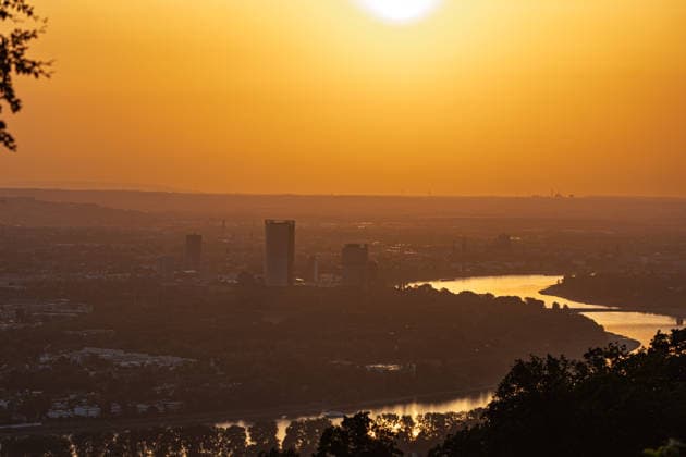 Sonnenuntergang in der Bonn Blick vom Petersberg im Siebengebirge auf Bonn bei Sonnenuntergang: Post Tower und die Hochhäuser des UN-Campus ragen aus dem goldenen Hitze-Dunst. Der Rhein mit einem Frachtschiff spiegelt das warme Abendlicht. Sommerhitze mit bis zu 35 Grad. Königswinter Petersberg Nordrhein-Westfalen Deutschland *** Sunset in Bonn: View of Bonn from Petersberg in the Siebengebirge at sunset; the Post Tower and the skyscrapers of the UN Campus rise above the golden haze of the heat; the Rhine, with a cargo ship, reflects the warm evening light; summer heat reaching up to 35 degrees; Königswinter, Petersberg, North Rhine-Westphalia Germany Copyright: xMarcxJohnx