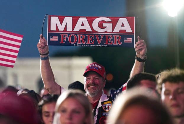 Attendees hold MAGA signs before President Donald Trump speaks at a rally to kick off the 16-day Great American State Fair as part of Washington, D.C. s celebration of the nation s 250th birthday on the National Mall on Wednesday, June 24, 2026. The rally will include military flyovers, musical performances from Lee Greenwood and Christopher Macchio, and the U.S. Army Band, the U.S. Marine Band and Armed Forces choirs.  WAP202606244030 BONNIExCASH
