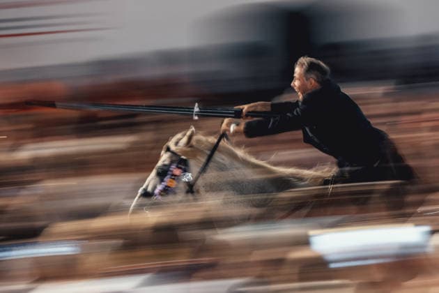 June 24, 2026, Ciutadella, Menorca Balearic Islands, Spain: A caixer (horseman) aims his spear at a suspended ring as he gallops through the cheering crowd during the Jocs des Pla (medieval tournament) during the traditional Sant Joan Ciutadella Spain - ZUMAo105 20260624_fap_o105_045 Copyright: xMatthiasxOesterlex