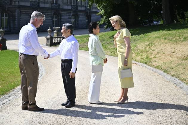 King Philippe - Filip of Belgium, Japanese Emperor Naruhito, Japanese Empress Masako and Queen Mathilde of Belgium pictured at a visit to the Royal Greenhouses and the Japanese Tower in Laken - Laeken, Brussels, during an official state visit of the Japanese Emperor and Empress to Belgium, on Thursday 25 June 2026. The Emperor and Empress of Japan visit Belgium from June 20-25.  ERICxLALMAND 179206630
