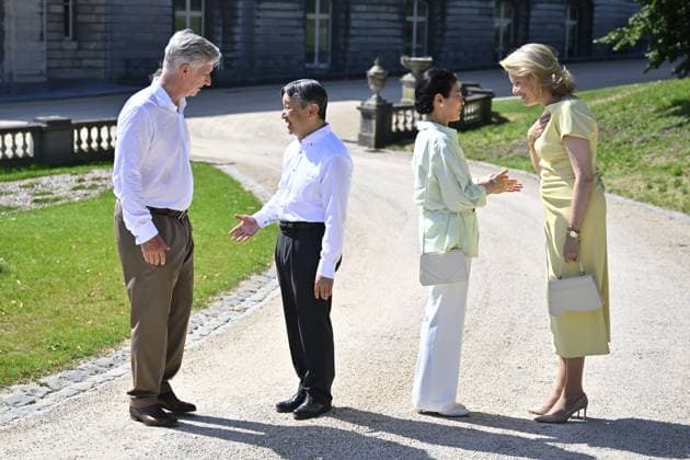 King Philippe - Filip of Belgium, Japanese Emperor Naruhito, Japanese Empress Masako and Queen Mathilde of Belgium pictured at a visit to the Royal Greenhouses and the Japanese Tower in Laken - Laeken, Brussels, during an official state visit of the Japanese Emperor and Empress to Belgium, on Thursday 25 June 2026. The Emperor and Empress of Japan visit Belgium from June 20-25.  ERICxLALMAND 179206652