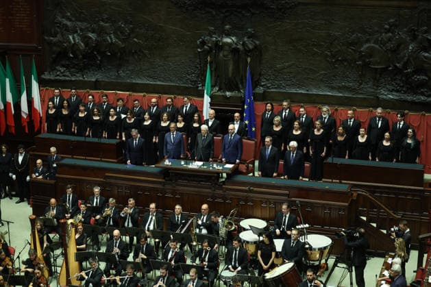 IPA86041238 - Rome, Italy June 25, 2026: Ignazio La Russa, Sergio Mattarella, Lorenzo Fontana. Commemorative ceremony marking the 80th anniversary of the first session of the Constituent Assembly, held on June 25, 1946. The event commemorated the start of the work that led to the drafting of the Constitution of the Italian Republic, paying tribute to the key figures of the constitutional era and to the founding values of Italian democracy.  Copyright: xmarcoxiacobuccix xmarcoxiacobuccix 86041238