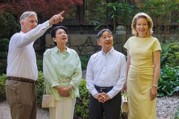 State Visit of the Emperor and the Empress of Japan to Belgium BRUSSELS, BELGIUM - JUNE 25 : Emperor Naruhito of Japan, Empress Masako of Japan, Queen Mathilde of Belgium and King Philippe - Filip of Belgium pictured during the visit of the garden and the Japanese Tower during the state visit of the Emperor and Empress of Japan to Belgium, on June 25, 2026 in Brussels, Belgium, 25 06 2026 Brussels Belgium  Copyright: xOlivierxMatthysx