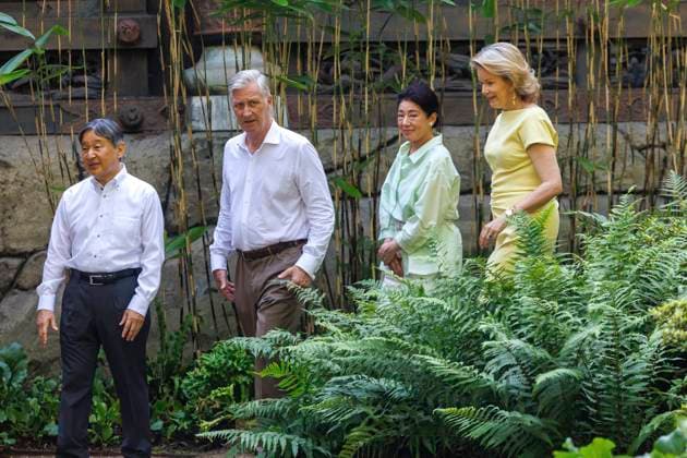 State Visit of the Emperor and the Empress of Japan to Belgium BRUSSELS, BELGIUM - JUNE 25 : Emperor Naruhito of Japan, Empress Masako of Japan, Queen Mathilde of Belgium and King Philippe - Filip of Belgium pictured during the visit of the garden and the Japanese Tower during the state visit of the Emperor and Empress of Japan to Belgium, on June 25, 2026 in Brussels, Belgium, 25 06 2026 Brussels Belgium  Copyright: xOlivierxMatthysx