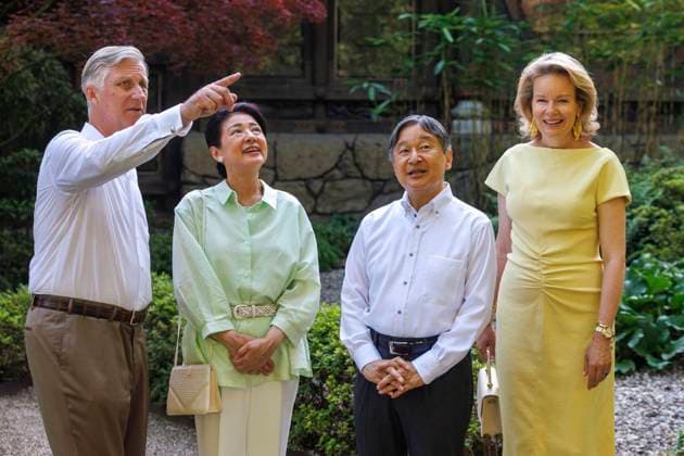 State Visit of the Emperor and the Empress of Japan to Belgium BRUSSELS, BELGIUM - JUNE 25 : Emperor Naruhito of Japan, Empress Masako of Japan, Queen Mathilde of Belgium and King Philippe - Filip of Belgium pictured during the visit of the garden and the Japanese Tower during the state visit of the Emperor and Empress of Japan to Belgium, on June 25, 2026 in Brussels, Belgium, 25 06 2026 Brussels Belgium  Copyright: xOlivierxMatthysx