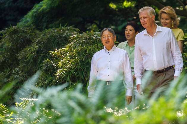 State Visit of the Emperor and the Empress of Japan to Belgium BRUSSELS, BELGIUM - JUNE 25 : Emperor Naruhito of Japan, Empress Masako of Japan, Queen Mathilde of Belgium and King Philippe - Filip of Belgium pictured during the visit of the garden and the Japanese Tower during the state visit of the Emperor and Empress of Japan to Belgium, on June 25, 2026 in Brussels, Belgium, 25 06 2026 Brussels Belgium  Copyright: xOlivierxMatthysx