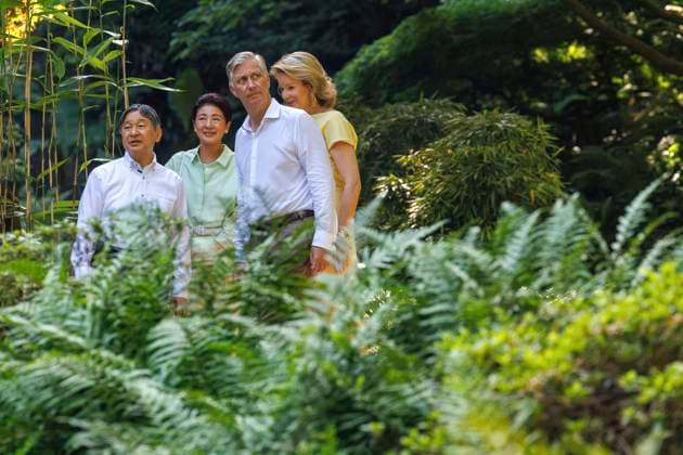 State Visit of the Emperor and the Empress of Japan to Belgium BRUSSELS, BELGIUM - JUNE 25 : Emperor Naruhito of Japan, Empress Masako of Japan, Queen Mathilde of Belgium and King Philippe - Filip of Belgium pictured during the visit of the garden and the Japanese Tower during the state visit of the Emperor and Empress of Japan to Belgium, on June 25, 2026 in Brussels, Belgium, 25 06 2026 Brussels Belgium  Copyright: xOlivierxMatthysx