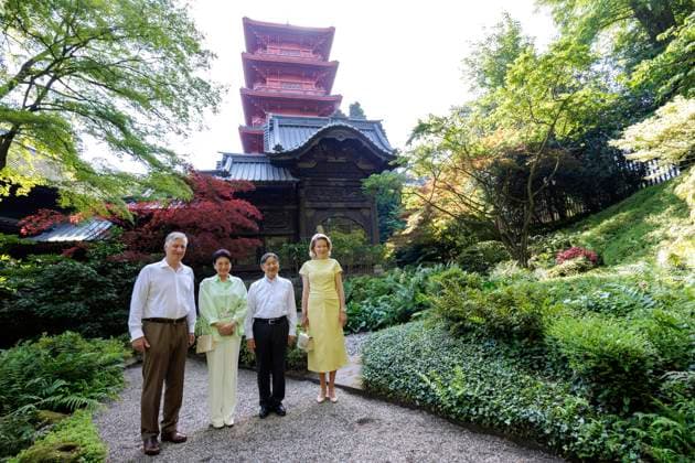 State Visit of the Emperor and the Empress of Japan to Belgium BRUSSELS, BELGIUM - JUNE 25 : Emperor Naruhito of Japan, Empress Masako of Japan, Queen Mathilde of Belgium and King Philippe - Filip of Belgium pictured during the visit of the garden and the Japanese Tower during the state visit of the Emperor and Empress of Japan to Belgium, on June 25, 2026 in Brussels, Belgium, 25 06 2026 Brussels Belgium  Copyright: xOlivierxMatthysx