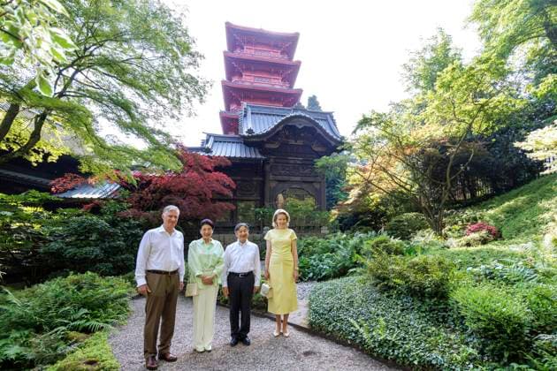 State Visit of the Emperor and the Empress of Japan to Belgium BRUSSELS, BELGIUM - JUNE 25 : Emperor Naruhito of Japan, Empress Masako of Japan, Queen Mathilde of Belgium and King Philippe - Filip of Belgium pictured during the visit of the garden and the Japanese Tower during the state visit of the Emperor and Empress of Japan to Belgium, on June 25, 2026 in Brussels, Belgium, 25 06 2026 Brussels Belgium  Copyright: xOlivierxMatthysx