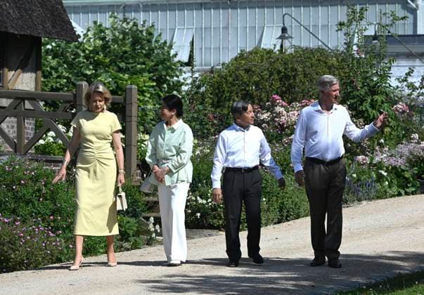 State Visit of the Emperor and the Empress of Japan to Belgium BRUSSELS, BELGIUM - JUNE 25 : King Philippe - Filip of Belgium, Queen Mathilde of Belgium, Emperor Naruhito of Japan and Empress Masako of Japan pictured during a wallk in the greenhouses at the Castle of Laeken during the state visit of the Emperor and Empress of Japan to Belgium, on June 25, 2026 in Brussels, Belgium, 25 06 2026 Brussels Belgium  Copyright: xBertxVanxDenxBrouckex