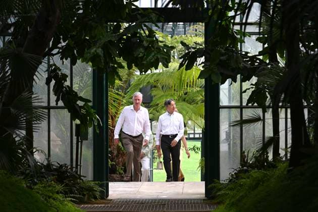 State Visit of the Emperor and the Empress of Japan to Belgium BRUSSELS, BELGIUM - JUNE 25 : King Philippe - Filip of Belgium, Queen Mathilde of Belgium, Emperor Naruhito of Japan and Empress Masako of Japan pictured during a wallk in the greenhouses at the Castle of Laeken during the state visit of the Emperor and Empress of Japan to Belgium, on June 25, 2026 in Brussels, Belgium, 25 06 2026 Brussels Belgium  Copyright: xBertxVanxDenxBrouckex