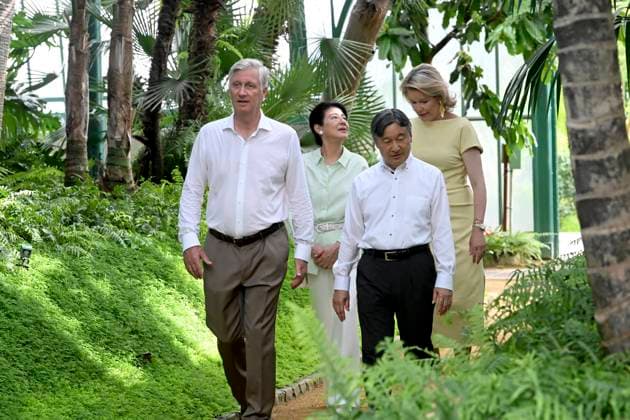 State Visit of the Emperor and the Empress of Japan to Belgium BRUSSELS, BELGIUM - JUNE 25 : King Philippe - Filip of Belgium, Queen Mathilde of Belgium, Emperor Naruhito of Japan and Empress Masako of Japan pictured during a wallk in the greenhouses at the Castle of Laeken during the state visit of the Emperor and Empress of Japan to Belgium, on June 25, 2026 in Brussels, Belgium, 25 06 2026 Brussels Belgium  Copyright: xBertxVanxDenxBrouckex