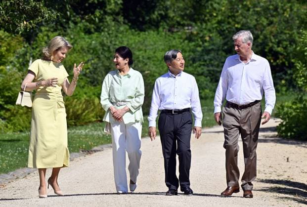 Queen Mathilde of Belgium, Japanese Empress Masako, Japanese Emperor Naruhito and King Philippe - Filip of Belgium pictured during a visit to the Royal Greenhouses and the Japanese Tower in Laken - Laeken, Brussels, during an official state visit of the Japanese Emperor and Empress to Belgium, on Thursday 25 June 2026. The Emperor and Empress of Japan visit Belgium from June 20-25.  ERICxLALMAND 179219905