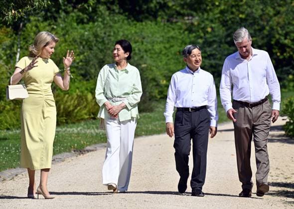 Queen Mathilde of Belgium, Japanese Empress Masako, Japanese Emperor Naruhito and King Philippe - Filip of Belgium pictured during a visit to the Royal Greenhouses and the Japanese Tower in Laken - Laeken, Brussels, during an official state visit of the Japanese Emperor and Empress to Belgium, on Thursday 25 June 2026. The Emperor and Empress of Japan visit Belgium from June 20-25.  ERICxLALMAND 179219913
