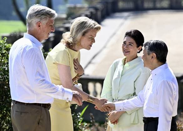 King Philippe - Filip of Belgium, Queen Mathilde of Belgium, Japanese Emperor Naruhito and Japanese Empress Masako pictured during a visit to the Royal Greenhouses and the Japanese Tower in Laken - Laeken, Brussels, during an official state visit of the Japanese Emperor and Empress to Belgium, on Thursday 25 June 2026. The Emperor and Empress of Japan visit Belgium from June 20-25.  ERICxLALMAND 179219984