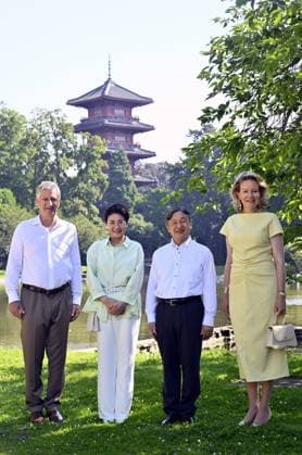 King Philippe - Filip of Belgium, Japanese Empress Masako, Japanese Emperor Naruhito and Queen Mathilde of Belgium pictured at a visit to the Royal Greenhouses and the Japanese Tower in Laken - Laeken, Brussels, during an official state visit of the Japanese Emperor and Empress to Belgium, on Thursday 25 June 2026. The Emperor and Empress of Japan visit Belgium from June 20-25.  ERICxLALMAND 179220023