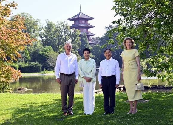 King Philippe - Filip of Belgium, Japanese Empress Masako, Japanese Emperor Naruhito and Queen Mathilde of Belgium pictured at a visit to the Royal Greenhouses and the Japanese Tower in Laken - Laeken, Brussels, during an official state visit of the Japanese Emperor and Empress to Belgium, on Thursday 25 June 2026. The Emperor and Empress of Japan visit Belgium from June 20-25.  ERICxLALMAND 179220037