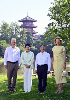 King Philippe - Filip of Belgium, Japanese Empress Masako, Japanese Emperor Naruhito and Queen Mathilde of Belgium pictured at a visit to the Royal Greenhouses and the Japanese Tower in Laken - Laeken, Brussels, during an official state visit of the Japanese Emperor and Empress to Belgium, on Thursday 25 June 2026. The Emperor and Empress of Japan visit Belgium from June 20-25.  ERICxLALMAND 179220039