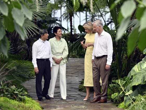 Japanese Emperor Naruhito, Japanese Empress Masako, Queen Mathilde of Belgium and King Philippe - Filip of Belgium pictured during a visit to the Royal Greenhouses and the Japanese Tower in Laken - Laeken, Brussels, during an official state visit of the Japanese Emperor and Empress to Belgium, on Thursday 25 June 2026. The Emperor and Empress of Japan visit Belgium from June 20-25.  ERICxLALMAND 179220089