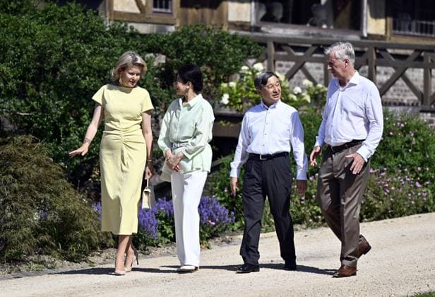 Queen Mathilde of Belgium, Japanese Empress Masako, Japanese Emperor Naruhito and King Philippe - Filip of Belgium pictured during a visit to the Royal Greenhouses and the Japanese Tower in Laken - Laeken, Brussels, during an official state visit of the Japanese Emperor and Empress to Belgium, on Thursday 25 June 2026. The Emperor and Empress of Japan visit Belgium from June 20-25.  ERICxLALMAND 179220100