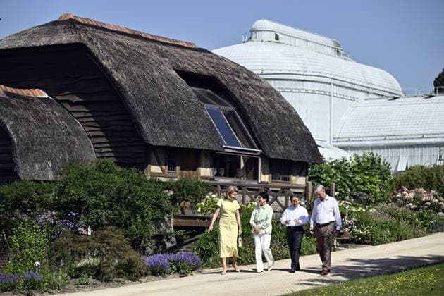Queen Mathilde of Belgium, Japanese Empress Masako, Japanese Emperor Naruhito and King Philippe - Filip of Belgium pictured during a visit to the Royal Greenhouses and the Japanese Tower in Laken - Laeken, Brussels, during an official state visit of the Japanese Emperor and Empress to Belgium, on Thursday 25 June 2026. The Emperor and Empress of Japan visit Belgium from June 20-25.  ERICxLALMAND 179220101