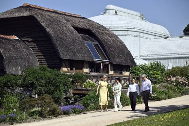 Queen Mathilde of Belgium, Japanese Empress Masako, Japanese Emperor Naruhito and King Philippe - Filip of Belgium pictured during a visit to the Royal Greenhouses and the Japanese Tower in Laken - Laeken, Brussels, during an official state visit of the Japanese Emperor and Empress to Belgium, on Thursday 25 June 2026. The Emperor and Empress of Japan visit Belgium from June 20-25.  ERICxLALMAND 179220103