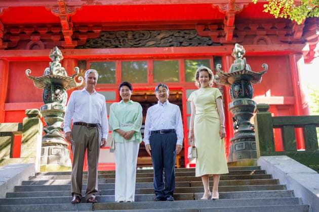 State Visit of the Emperor and the Empress of Japan to Belgium BRUSSELS, BELGIUM - JUNE 25 : Emperor Naruhito of Japan, Empress Masako of Japan, Queen Mathilde of Belgium and King Philippe - Filip of Belgium pictured during the visit of the garden and the Japanese Tower in the Royal Domain of Laeken during the state visit of the Emperor and Empress of Japan to Belgium, on June 25, 2026 in Brussels, Belgium, 25 06 2026 Brussels Belgium  Copyright: xOlivierxMatthysx