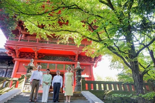 State Visit of the Emperor and the Empress of Japan to Belgium BRUSSELS, BELGIUM - JUNE 25 : Emperor Naruhito of Japan, Empress Masako of Japan, Queen Mathilde of Belgium and King Philippe - Filip of Belgium pictured during the visit of the garden and the Japanese Tower in the Royal Domain of Laeken during the state visit of the Emperor and Empress of Japan to Belgium, on June 25, 2026 in Brussels, Belgium, 25 06 2026 Brussels Belgium  Copyright: xOlivierxMatthysx
