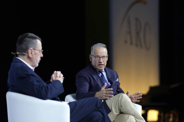 Greg Sheridan (left) and Eric Metaxas onstage at the Alliance for Responsible Citizenship Conference 2026. Image Licensed to Parsons Media. 25 06 2026. London, United Kingdom. The Alliance for Responsible Citizenship Conference 2026.  Copyright: xAndrewxParsonsx xParsonsxMediax PAR-9218-0045