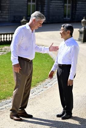 King Philippe - Filip of Belgium and Japanese Emperor Naruhito pictured at the farewell, at the end of an official state visit of the Japanese Emperor and Empress to Belgium, on Thursday 25 June 2026, at the Royal Castle in Laken Laeken, Brussels. The Emperor and Empress of Japan visit Belgium from June 20-25.  ERICxLALMAND 179221250