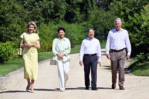 Queen Mathilde of Belgium, Japanese Empress Masako, Japanese Emperor Naruhito and King Philippe - Filip of Belgium pictured at the farewell, at the end of an official state visit of the Japanese Emperor and Empress to Belgium, on Thursday 25 June 2026, at the Royal Castle in Laken Laeken, Brussels. The Emperor and Empress of Japan visit Belgium from June 20-25.  ERICxLALMAND 179221339