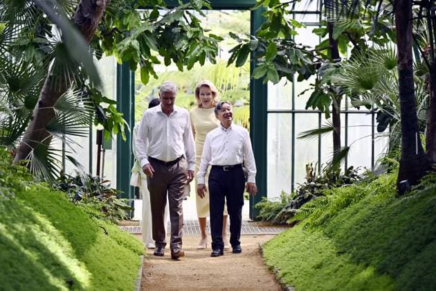 King Philippe - Filip of Belgium, Japanese Empress Masako, Japanese Emperor Naruhito and Queen Mathilde of Belgium pictured at a visit to the Royal Greenhouses and the Japanese Tower in Laken - Laeken, Brussels, during an official state visit of the Japanese Emperor and Empress to Belgium, on Thursday 25 June 2026. The Emperor and Empress of Japan visit Belgium from June 20-25.  ERICxLALMAND 179221484
