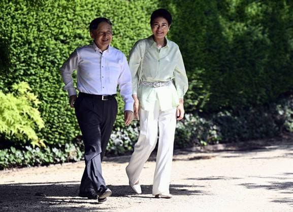 Japanese Emperor Naruhito and Japanese Empress Masako pictured at a visit to the Royal Greenhouses and the Japanese Tower in Laken - Laeken, Brussels, during an official state visit of the Japanese Emperor and Empress to Belgium, on Thursday 25 June 2026. The Emperor and Empress of Japan visit Belgium from June 20-25.  ERICxLALMAND 179221524