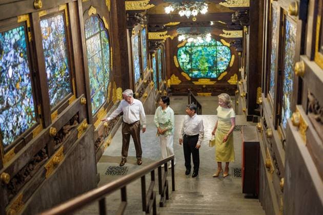 King Philippe - Filip of Belgium, Japanese Empress Masako, Japanese Emperor Naruhito and Queen Mathilde of Belgium pictured at a visit to the Japanese Tower in Laken - Laeken, Brussels, during an official state visit of the Japanese Emperor and Empress to Belgium, on Thursday 25 June 2026. The Emperor and Empress of Japan visit Belgium from June 20-25.  POOLxOLIVIERxMATTHYS 179222701