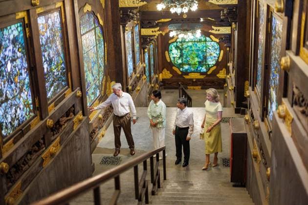 King Philippe - Filip of Belgium, Japanese Empress Masako, Japanese Emperor Naruhito and Queen Mathilde of Belgium pictured at a visit to the Japanese Tower in Laken - Laeken, Brussels, during an official state visit of the Japanese Emperor and Empress to Belgium, on Thursday 25 June 2026. The Emperor and Empress of Japan visit Belgium from June 20-25.  POOLxOLIVIERxMATTHYS 179222719