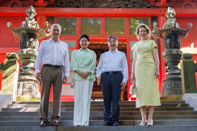 King Philippe - Filip of Belgium, Japanese Empress Masako, Japanese Emperor Naruhito and Queen Mathilde of Belgium pictured at a visit to the Japanese Tower in Laken - Laeken, Brussels, during an official state visit of the Japanese Emperor and Empress to Belgium, on Thursday 25 June 2026. The Emperor and Empress of Japan visit Belgium from June 20-25.  POOLxOLIVIERxMATTHYS 179222785