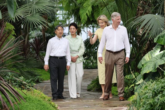 Japan emperor, empress in Brussels Japanese Emperor Naruhito (far L) and Empress Masako (2nd from L) take a stroll with Belgian King Philippe and Queen Mathilde in a botanical garden at the Palace of Laeken in Brussels on June 25, 2026. (Pool photo)  A14AA0005620187P