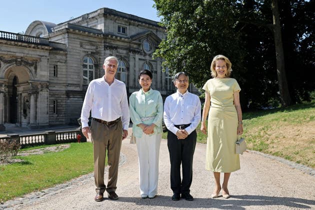 Japan emperor, empress in Brussels Japanese Emperor Naruhito (2nd from R) and Empress Masako (2nd from L) pose for a photo with Belgian King Philippe and Queen Mathilde during a stroll at the Palace of Laeken in Brussels on June 25, 2026. (Pool photo)  A14AA0005620189P