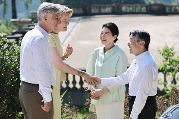 Japan emperor, empress in Brussels Japanese Emperor Naruhito (far R) and Empress Masako (2nd from R) bid farewell to Belgian King Philippe and Queen Mathilde after taking a stroll in a botanical garden at the Palace of Laeken in Brussels on June 25, 2026. The Japanese imperial couple will fly to Japan later in the day, wrapping up their official trip to the Netherlands and Belgium. (Pool photo)  A14AA0005620190P