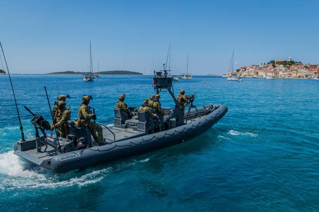 Combat Power 26 - Croatia Military Exercise Croatian Armed Forces personnel take part in the naval segment of the Combat Power 26 international joint military exercise at the Zirje naval training area near Primosten on June 25, 2026 in Croatia. The exercise features vessels of the Croatian Navy, Rafale multirole fighter aircraft of the Croatian Air Force, air defence systems, artillery units, and special forces demonstrating the Croatian Armed Forces capabilities for maritime combat operations.  ZvonimirxBarisin PIXSELL
