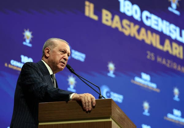 Turkish President Recep Tayyip Erdogan ANKARA, TURKIYE - JUNE 25: (----EDITORIAL USE ONLY - MANDATORY CREDIT - TURKISH PRESIDENCY MUSTAFA KAMACI HANDOUT - NO MARKETING NO ADVERTISING CAMPAIGNS - DISTRIBUTED AS A SERVICE TO CLIENTS----) Turkish President and leader of the Justice and Development (AK) Party Recep Tayyip Erdogan delivers a speech at the podium during his party s Extended Provincial Heads Meeting held at the AK Party Conference Hall in Ankara, Turkiye on June 25, 2026. Tur Presidency Mustafa Kamaci Anadolu Ankara Turkey. Editorial use only. Please get in touch for any other usage.  Copyright: x2026xAnadoluxTurxPresidencyx xMustafaxKamacix