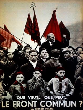 RECORD DATE NOT STATED 1940, Anti-communist placard what the common front wants? By Georges Suarez (1890?1944). 1940, Anti-communist placard what the common front wants? By Georges Suarez (1890?1944). Suarez was a French writer, essayist and journalist. Initially a pacifist, then a collaborator (he had been editor of Aujourd hui, a French newspaper controlled by the Third Reich after the resignation of the writer Henri Jeanson), he was also the biographer of Pétain and other figures of the Troisième République. He was condemned to death during the épuration légale (French legal purge ), trials that followed the Liberation of France and the fall of the Vichy Regime. The trials were largely conducted from 1944 to 1949, with subsequent le Copyright: xx