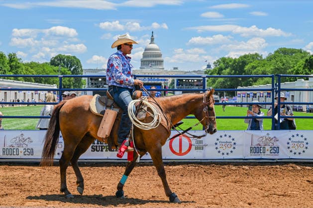 June 25, 2026, Washington, District Of Columbia, United States: A horse walks through the grounds of the Great American State Fair on the National Mall in Washington, D.C., before participating in a rodeo demonstration during the Freedom 250 kickoff celebration. The event marks the launch of the White House-led initiative commemorating the upcoming 250th anniversary of the United States. Washington United States - ZUMAk206 20260625_znp_k206_004 Copyright: xMattxKaminskyx