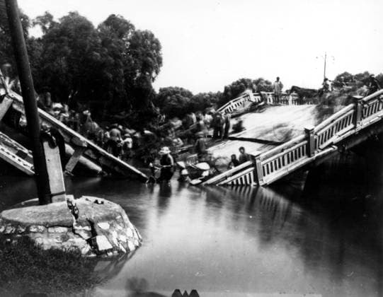 RECORD DATE NOT STATED Tangshan, China, Earthquake July 28, 1976 Tangshan, China, Earthquake July 28, 1976 The Chengli Bridge in Tangshan Editorial use only. All other uses to be cleared with the copyright owner (World History Archive), in advance., WHA_105_0925.jpg, Tangshan; China; Earthquake; July 28, 1976; Chengli Bridge; disaster; natural disaster; earthquake aftermath; destruction; tragedy; historical event; Tangshan earthquake; 1976 earthquake; seismic activity; seismic event; bridge collapse; emergency response; rescue efforts; urban devastation; Chinese history; earthquake damage; Tangshan city; earthquake memorial; earthquake anniversary; earthquake recovery; earthquake survivors; earthquake casualties; earthquake impact; earthqua Copyright: xWorldxHistoryxArchive USGSx
