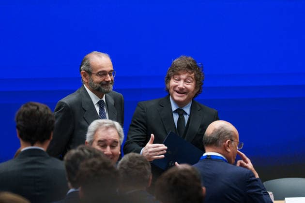 Javier Milei Attends the Presentation of the CEU María Cristina Summer Courses Argentine President Javier Milei, accompanied by Alfonso Bullón de Mendoza, president of the San Pablo CEU University Foundation and Grand Chancellor, during the presentation of the CEU María Cristina Summer Courses, at the CEU San Pablo University, on June 26, 2026, in Madrid, Spain. The second edition of the CEU María Cristina Summer Courses is a high-level academic and cultural forum organized by the San Pablo CEU University Foundation and CEU CEFAS, taking place from June 30 to July 15, 2026, in the historic setting of the Royal Escorial María Cristina University Center in San Lorenzo de El Escorial. June 26, 2026, Madrid, Spain  Copyright: xMatiasxChiofalox 7623802